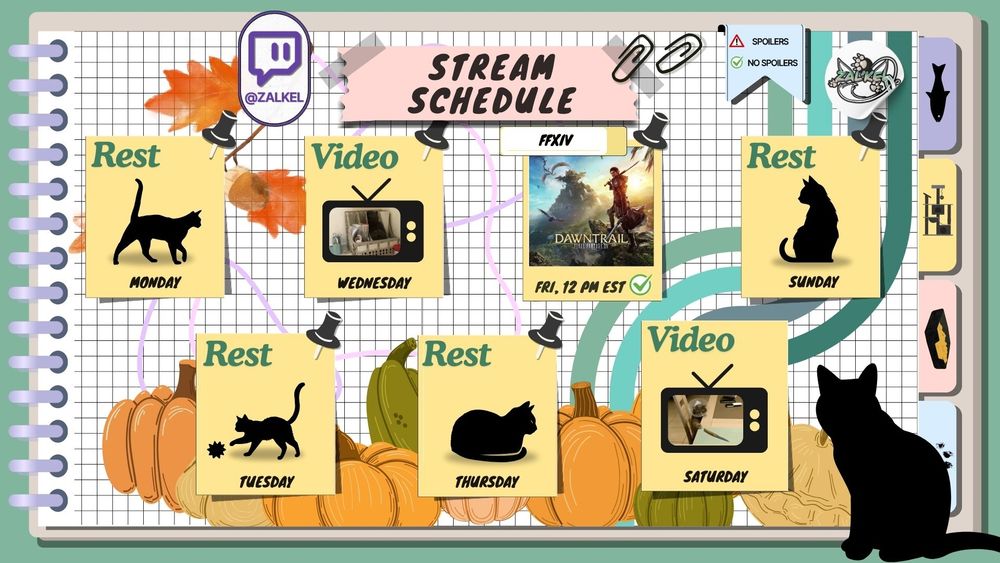 Tentative Schedule:
Monday: Rest
Tuesday: Rest
Wednesday: Video
Thursday: Rest
Friday: FFXIV - 12 PM EST
Saturday: Video
Sunday: Rest