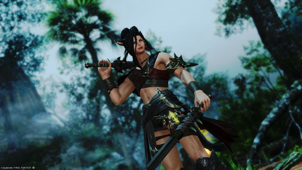 A male Miqo'te wielding Viper arms, one before him at his leg and the other resting on his shoulder. He is dressed in partially revealing athletic gear. Behind him is a misty forest clearing.