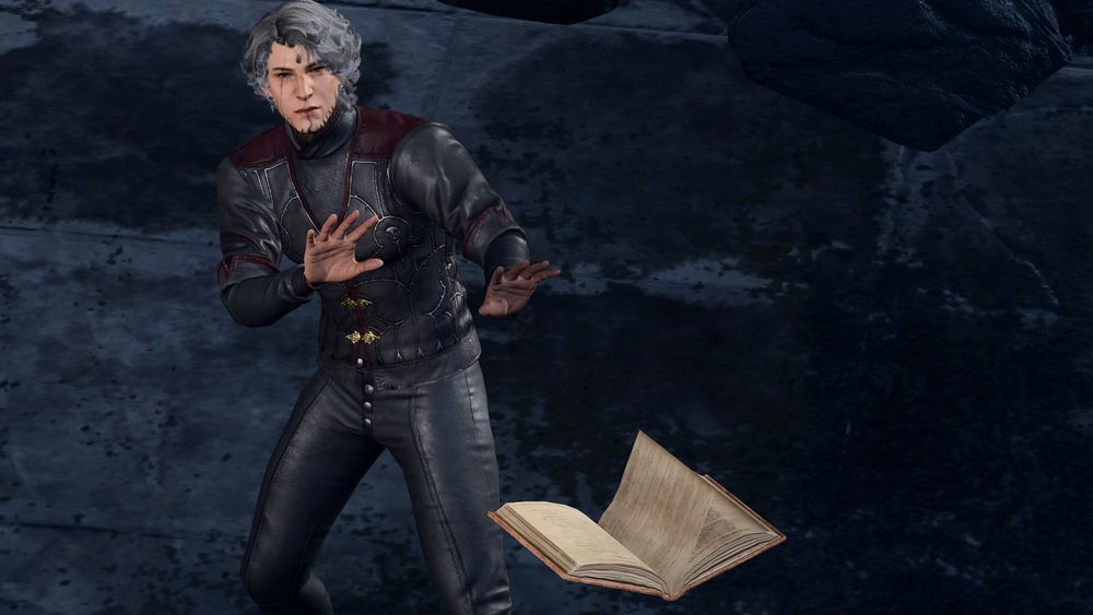 A grey-haired man with dark vestments on seeming to try and block a floating book.