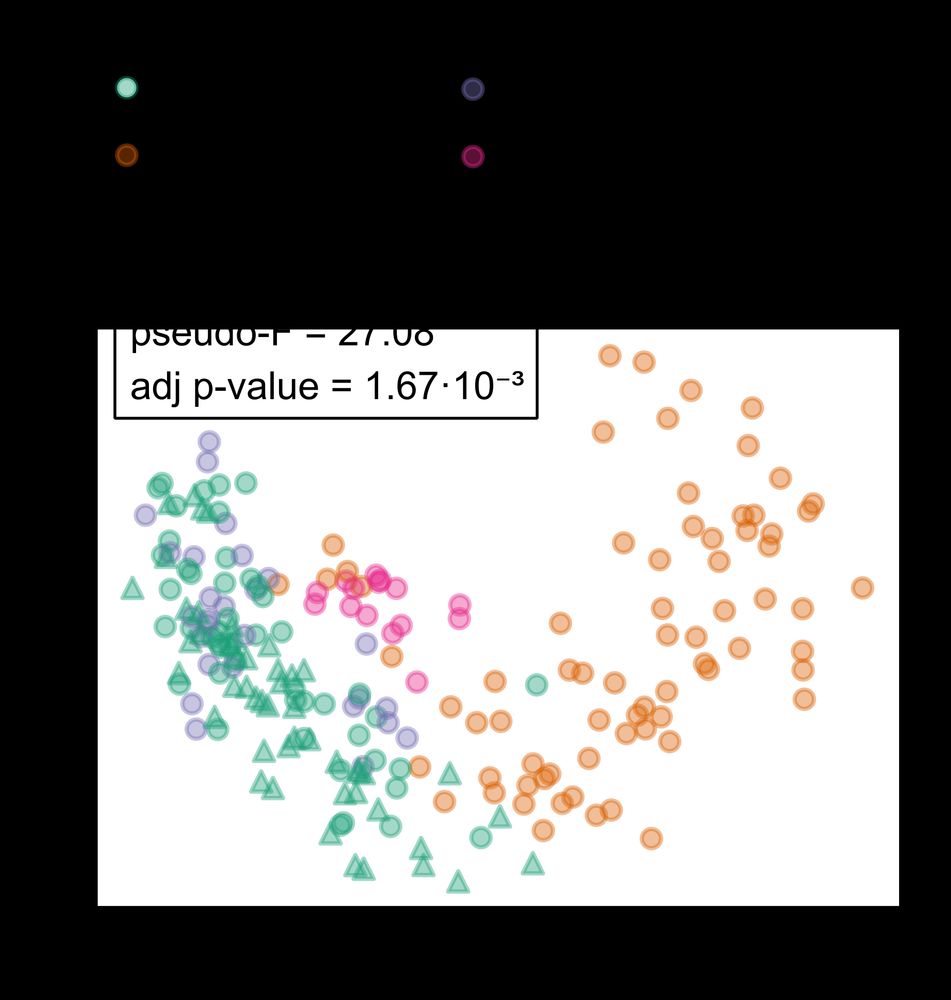 PCoA plot representing beta diversity (Bray-Curtis on log-transformed data). Green triangles indicate pet dogs in this study.