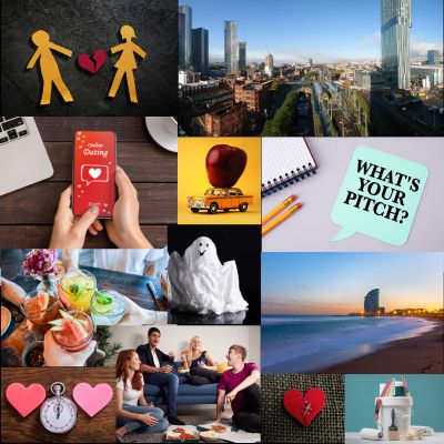 A mood board with a collage of photographic images from left to right: A broken up couple, city of Manchester skyline, a phone with online dating open on it, the big apple on a yellow taxi, two pencils and paper with a 'What's your pitch?' speech bubble, cheering four colourful cocktails, a white ghost on a black background, a photo of the beach and calm sea in Barcelona at sunset, two love hearts with a stop clock to symbolise speed dating, four friends lounging on a sofa and the floor with food in a house, a stitched up heart on a woven background, painting and decorating supplies in a bucket. 