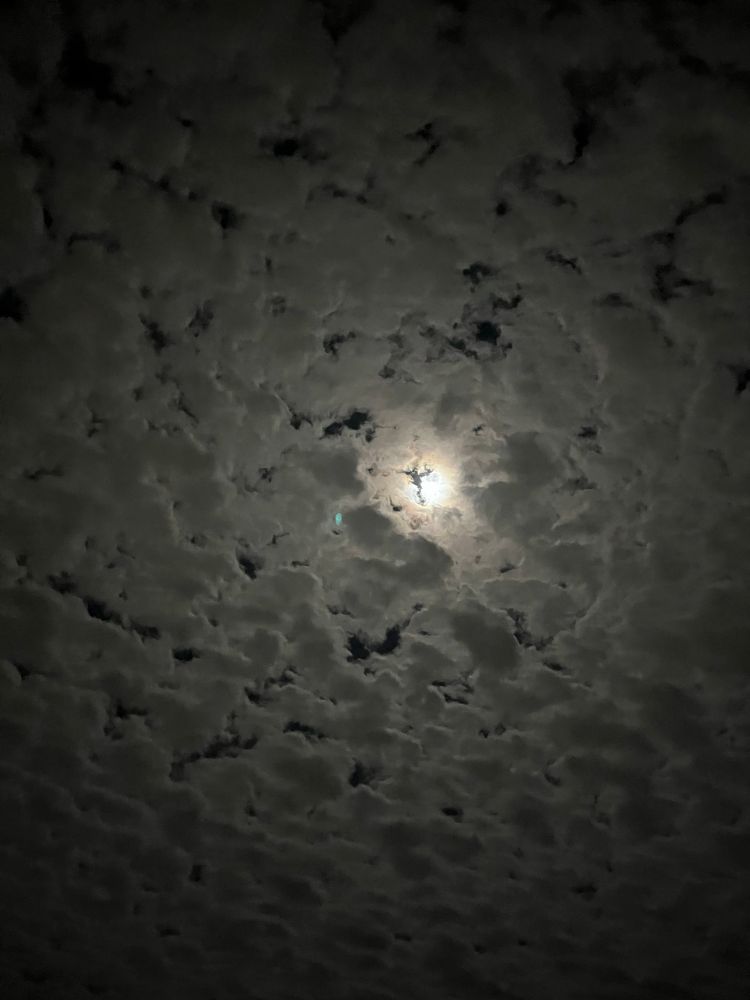 The almost full moon surrounded by clouds.