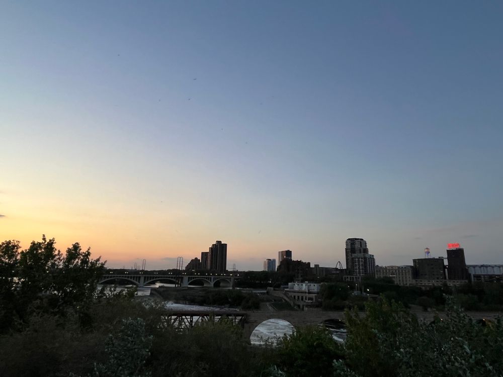 View of the Mississippi River at dusk from the Guthrie theatre in Minneapolis. 
