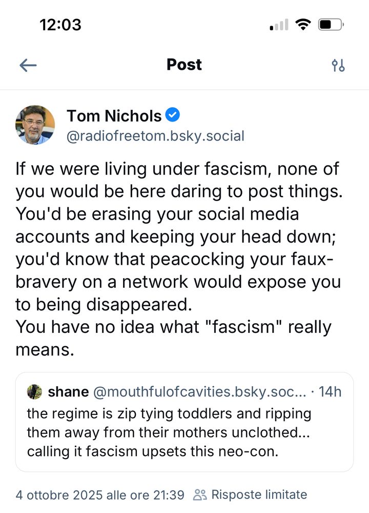 Tom Nichols post reads:

If we were living under fascism, none of you would be here daring to post things. You'd be erasing your social media accounts and keeping your head down; you'd know that peacocking your faux-bravery on a network would expose you to being disappeared. 
You have no idea what "fascism" really means