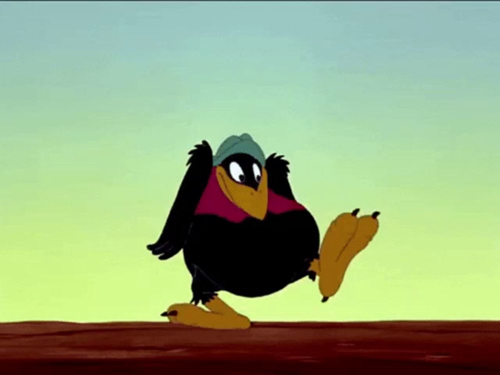 a cartoon crow is standing on a log wearing a hat and a scarf .