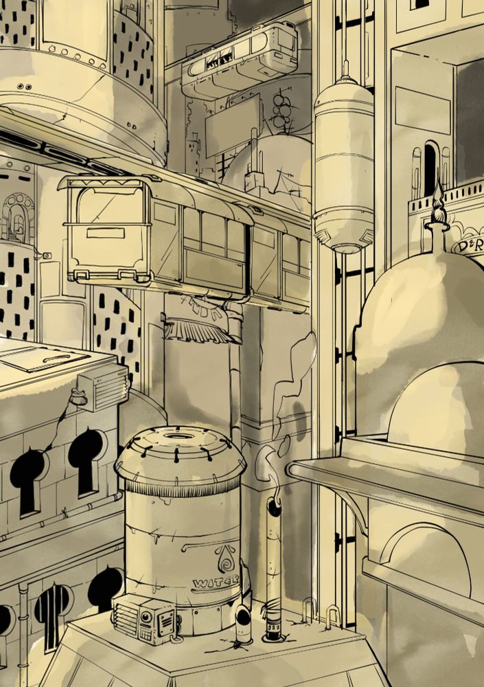 A drawing of one of the cityscapes from the Rakshasa Empire. A dense collection of buildings and sky train lines that seems to extend forever vertical. They are colored by the hues of the setting sun. Smoke rises from an unseen kitchen through a chimney.