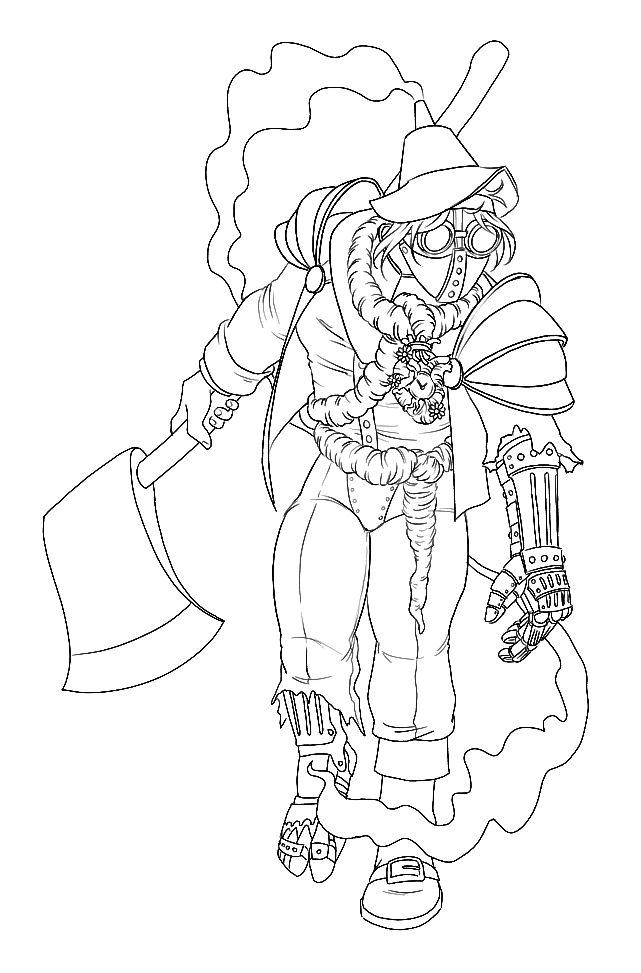 A woman with iron prosthetics and a visible clockwork heart. She weilds an oversized axe, there is steam coming out of helmet and get face is covered with a modified welder's mask