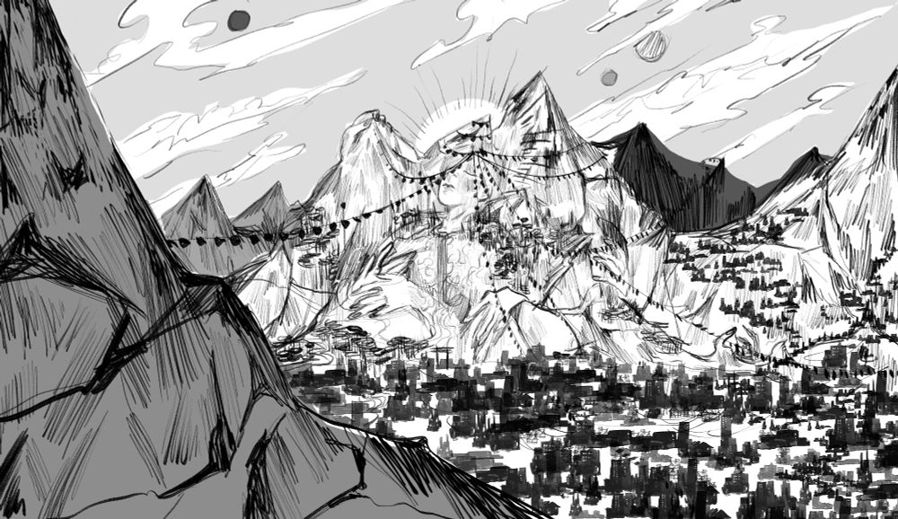 A sleeping giant god lies in the lap of the mountains, on their unmoving form many buildings are constructed. Many peace flags adorn the mountain they sleep on and the sun sets behind their head.