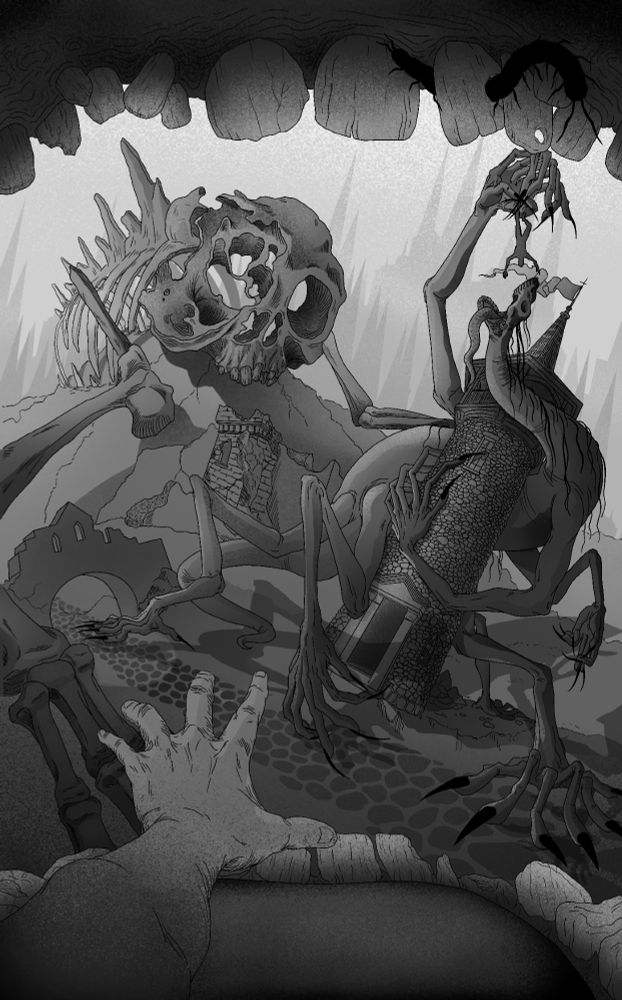 A misshapen cobblestone path leads to ruins. A Massive serpentine creature is wrapped around a stone tower, it's seized a person and is swallowing them whole. The point of view is from a person being eaten by a different monster.