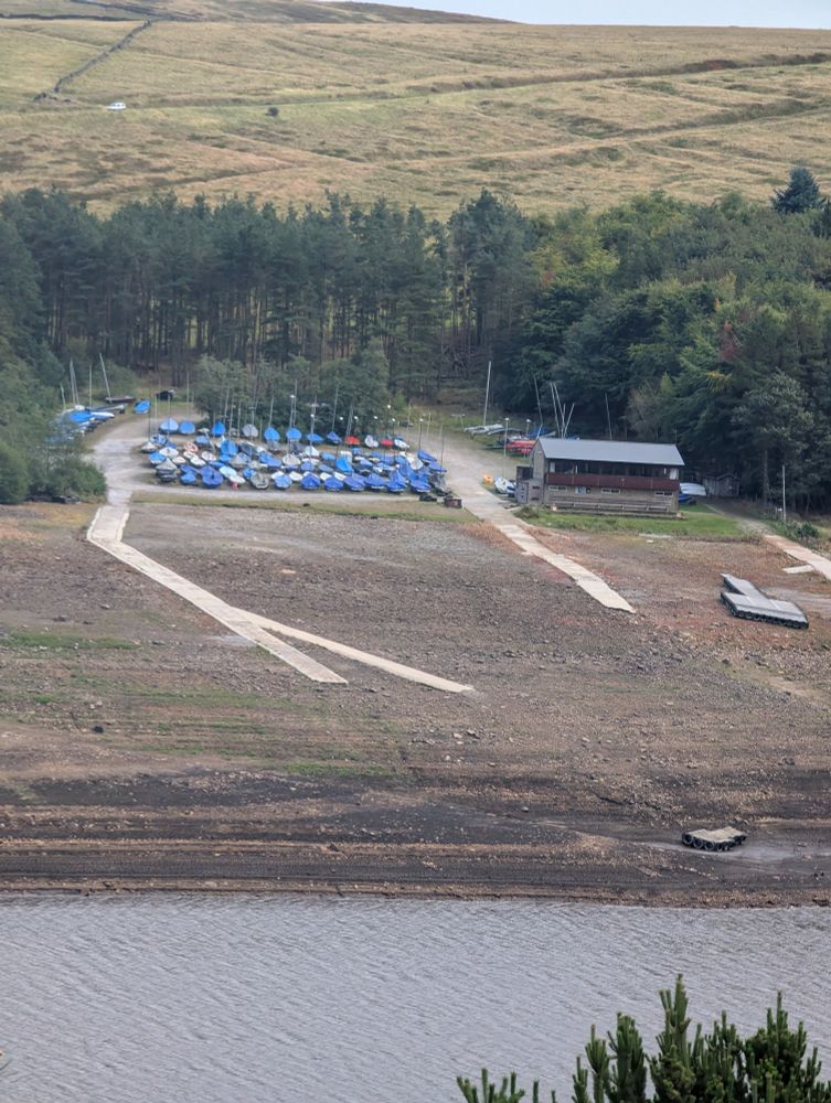 Different view of The sailing club at Errwood reservoir. The water level is easily 10 metres below the club 
