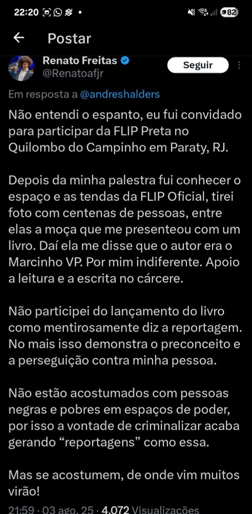 Renato Freitas respondendo a matéria, explicando o contexto da foto, dizendo que não participou do lançamento e criticando a perseguição e a mentira contra si