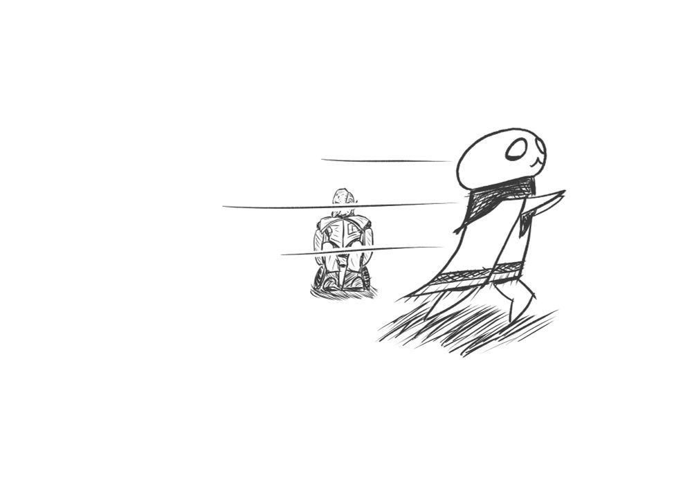 Pikouik runs past Wemndy, fleeing something 