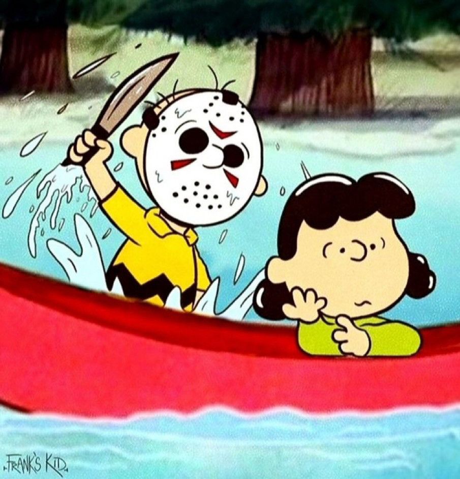 Famous Friday the 13th movie scene with Jason attacking a woman in a canoe, but it is Charlie Brown and Lucy from Peanuts