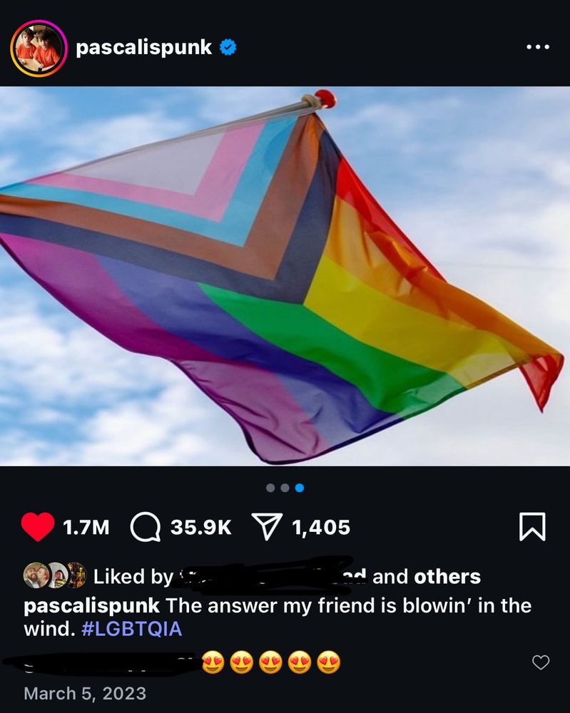 pedro pascal instagram post from 3/5/2023 of LGBT flags with a sky background. caption says “the answer my friend is blowin’ in the wind. #LGBTQIA”