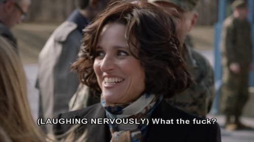 smiling but freaked out selena meyer from veep text says “(laughing nervously) what the fuck?”