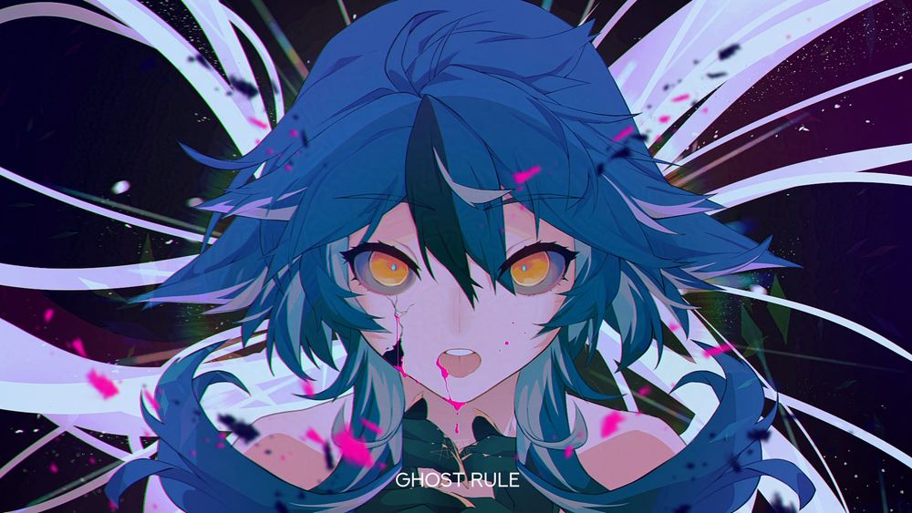 The image shown is an illustrative redraw of a Song Cover called "Ghost Rule" by Deco*27. 

The redraw features an anime character with blue hair and yellow eyes is surrounded by abstract lines and colors, appearing shocked.