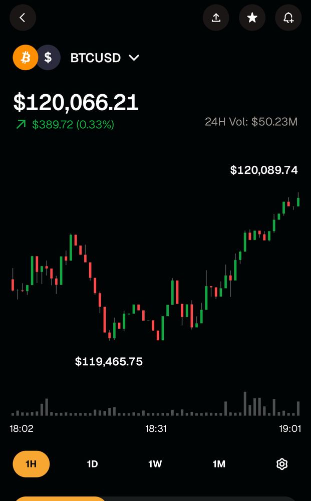 Screenshot of the ₿ price chart with $120k as the current price. Candle bar chart