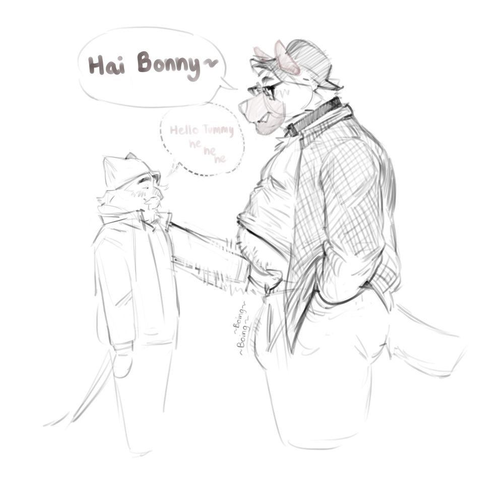 A sketch by Bonny of my sona, Charlie, greeting Bonny and Bonny grabbing my sona by the belly and treating it.