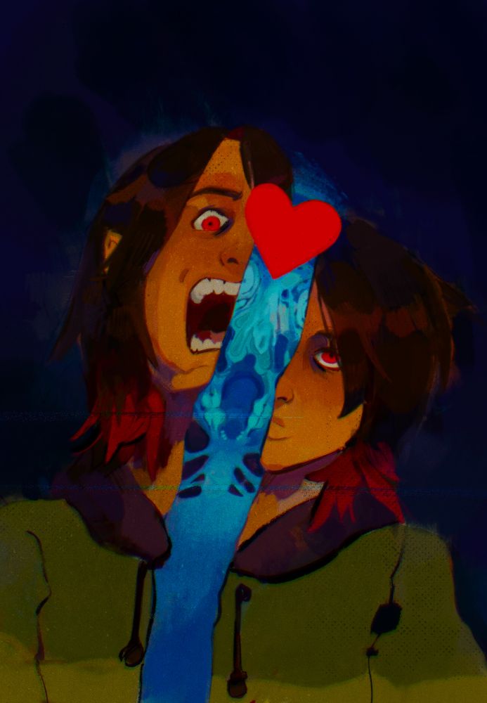 Kris Dreemurr from Deltarune being split into two halves: the left side is angry, the right side is stoic. In the middle a bright cyan skeleton, mimicking an MRI scan of the human head, with the SOUL being replaced with the brain.