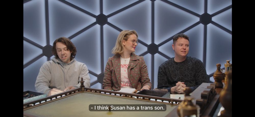 shot of murph, siobhan, and beardsley. after lou reveals that susan sarandon in james and the giant peach freaked him out, ally says "I think Susan Sarandon has a trans son."