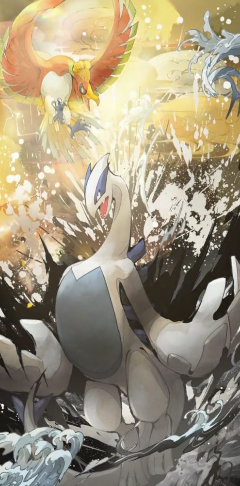 the full art of the same card. ho-oh is in the top left corner yelling at lugia, who's doing the classic evil laugh pose in the center with waves spraying around it