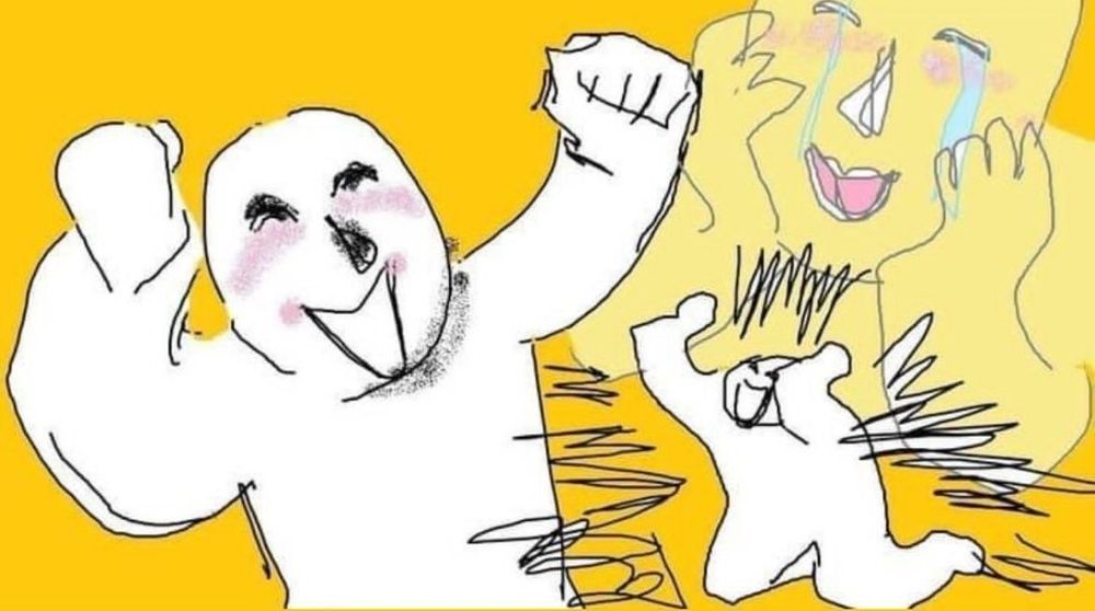 happy doodle person raising their arms triumphantly, another smaller person on the right doing the same but full body and on their knees, and a another person at half opacity above that holding their face as they cry happily