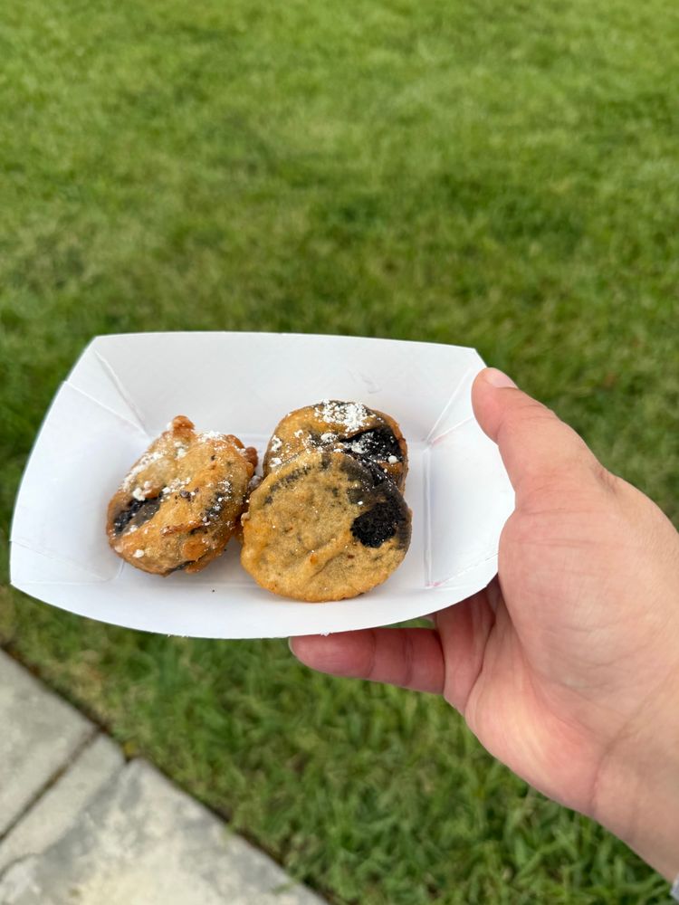 three terrible fried oreos. pretty soggy but they tasted okay