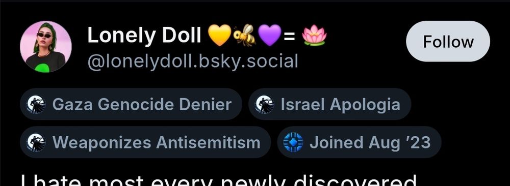 screenshot showing user lonelydoll's profile has the "Gaza genocide denier", "israel apologia" and "weaponises antisemitism" tags