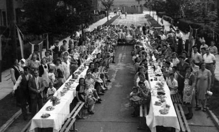 Large gathering on Bullhead Road on VE Day 1945