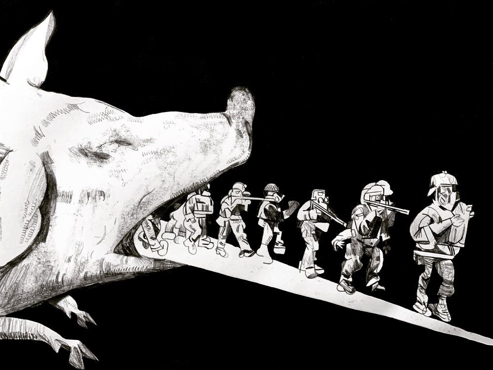a marching procession of militarized police emerge from of the mouth of a pig