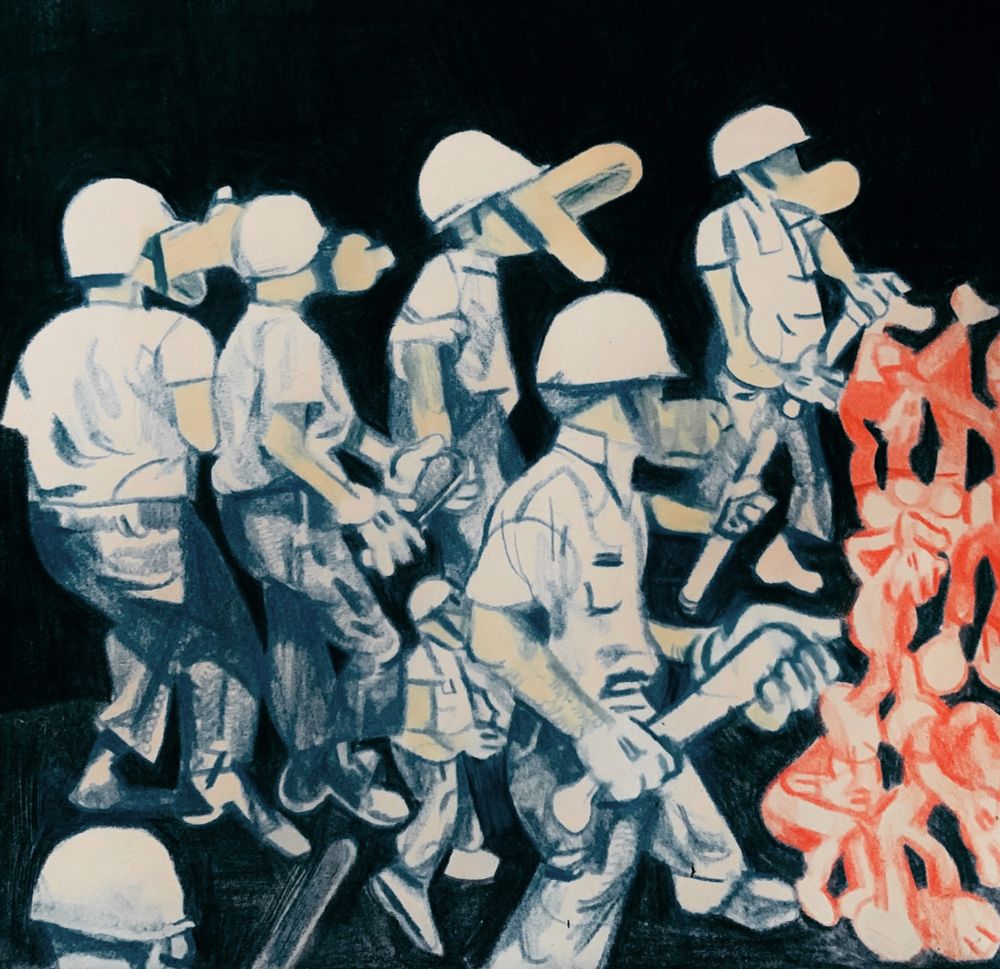 a cadre of oversized police officers herd a fleeing crowd through a dark landscape 