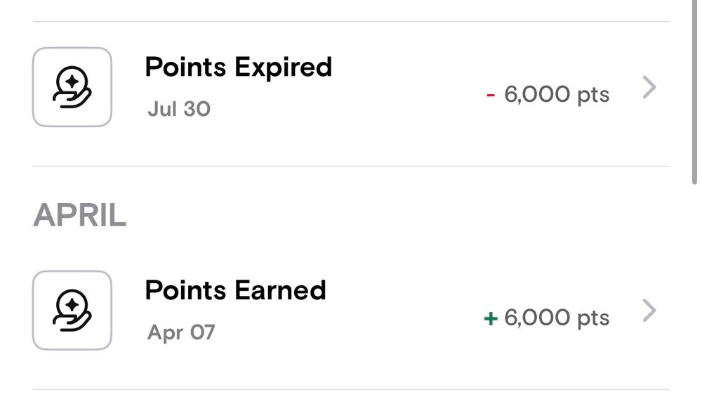 App screenshot showing 6000 points earned in April and then 6000 points expiring in July 