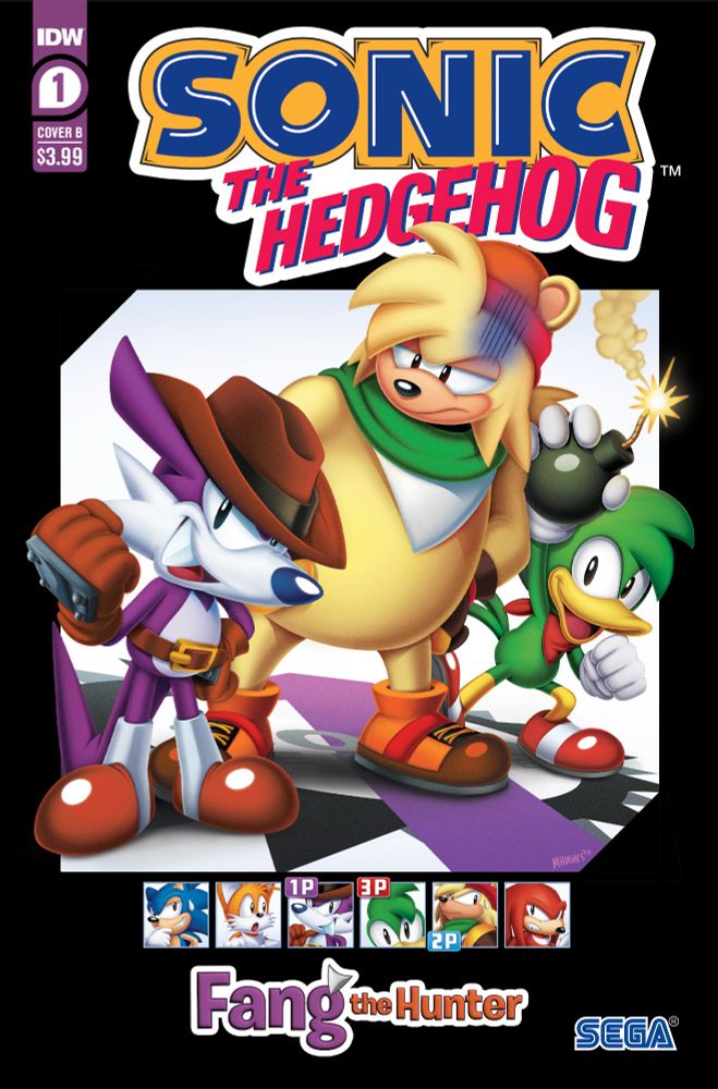Fang, Bark and Bean standing in a scene modelled on the character select from Sonic the Fighters. Small portraits of the main characters are below them.