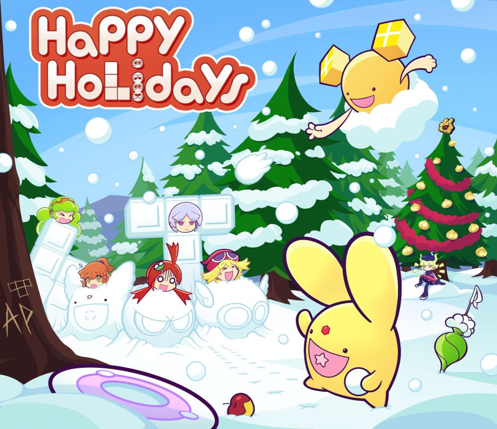 Characters from the Puyo Puyo series in a snowy forest. The text "Happy Holidays" appears above with a Tetrimino for an "L", and Puyos as an "I".

The main group are stuck inside themed snowmen: (Left to right) Ess in an "S" Tetrimino, Arle in a Carbuncle, Ringo in a red Puyo, Tee in a "T" Tetrimino, Amitie in a winged Puyo. All are pulling shocked or annoyed expressions except for Amitie, who is laughing. 

Carbuncle is running away from the group, looking back with a snowball in hand. Above him is O, throwing a snowball. They are observed by Marle in the far backdrop, who is sitting below a tree decorated with Puyo lights and topped with a pixellated Carbuncle.
 
A tree trunk is in the foreground, carved with a tetrimino and AP (Alexei Pajitnov) as various objects are scattered in the snow: (Left to right) Tee's Disc, Ringo's Apple and Ess' umbrella.