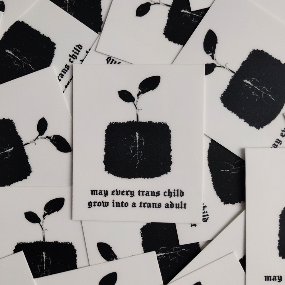 a black and white sticker that reads "may every trans child grow into a trans adult". there is a sprout above the text. 