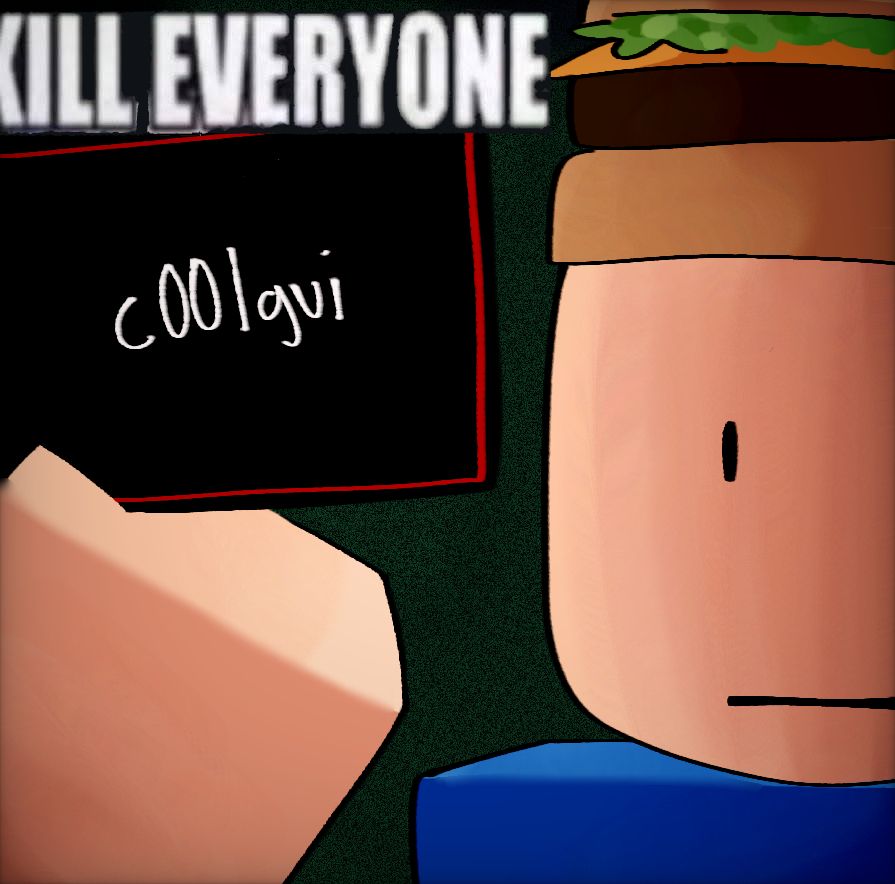 007n7 from Forsaken drawn over the SpongeBob "KILL EVERYONE" meme. 007n7 has the c00lgui raised up to his head. 