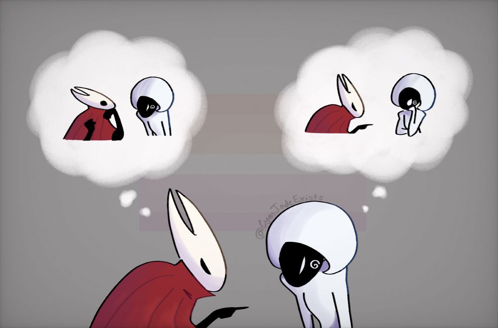 Based off of the lion roaring at monkey ragebait meme. Hornet and Lace are both visibly annoyed with each other. Hornet imagines that she is the calm one. Lace thinks that she is actually the calm one. The ominous low opacity lesbian flag watches from the background