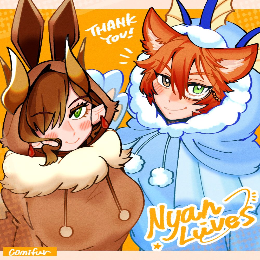 Art featuring Nova in an Eevee onesie and Nyan in a Vaporeon onesie.

Credit: @comifur.bsky.social