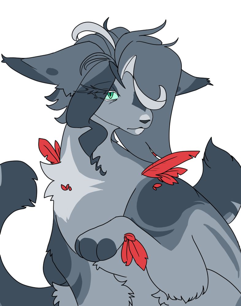 Halfbody digital flatcolor of a blue and white cat with streaked, styled hair, two tails, one visible green eye with white eyelashes, and red feathers on her shoulders, neck and paws, looking at the camera with a neutral expression.