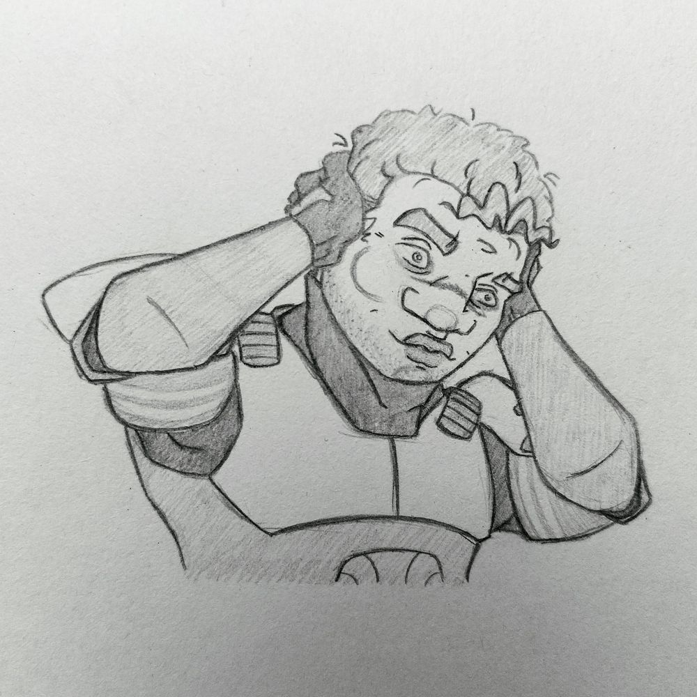 Traditional pencil sketch of Commander Fox, torso and up. His hands are in his messy hair, eyes wide open with a crazy look in them, lips smiling in a 'I'm losing my sanity' kind of way 