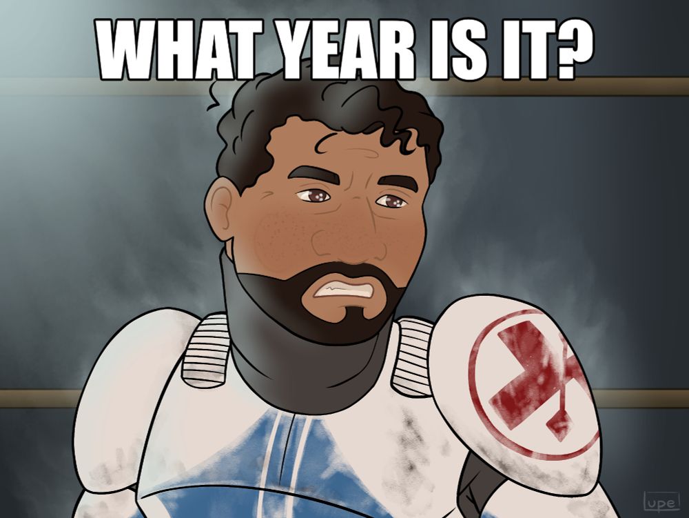 Half body drawing of post-Clone Wars Kix, just after he was awoken/released from stasis. His hair is longer and messy, and he's grown a short beard. He has a confused/distraught expression on his face. There's a glow of the stasis chamber coming from behind him. There's text reading 'What year is it?' (based on the meme from Jumanji (1995).