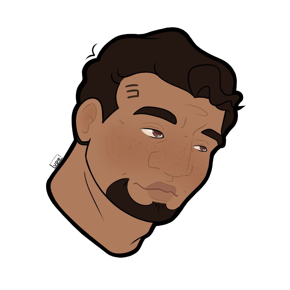 Digital headshot of Fives. His head is slightly tilting sideways and he has a flirty look on his face. A playful curl dangles from his forehead and the corners of his smiling lips create little dimples in his cheeks.