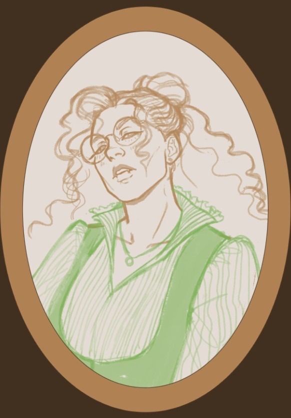 Digital sketch of a woman on a painting looking down on the viewer. She has long curly hair, bird-like features and wears glasses