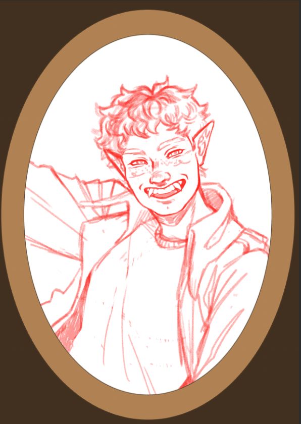 Digital sletch of a man with pointy ears and canines. He has short wild hair and is smiling,