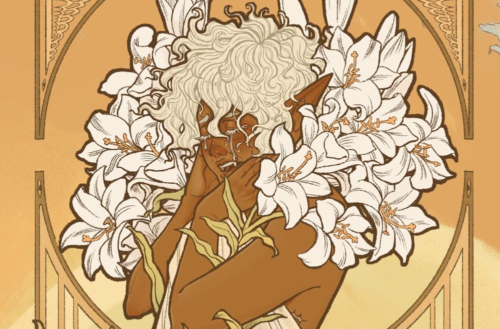 Digital illustration of a character crying, cropped to show a closeup of the face; the character has their hands on their face and is surrounded from the shoulders up by lilies. They have brown skin and white hair.
