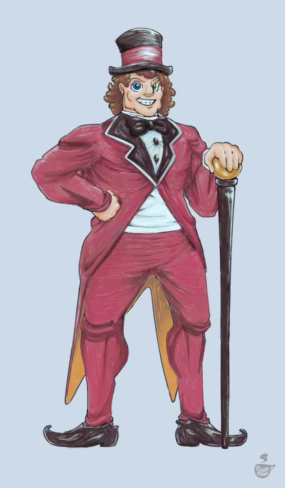The version of human Caine from the comic that was drawn by Gangle. He's VERY pretty and muscular, with curly hair and a chiseled jawline, wearing the ringmaster outfit he sports in his canonical appearance.