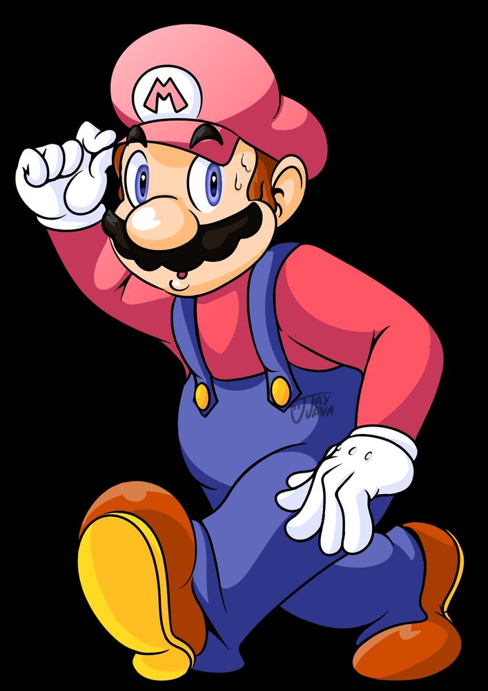 A drawing I made of Mario walking as he pinches his cap with his right hand, wearing an apprehensive expression.