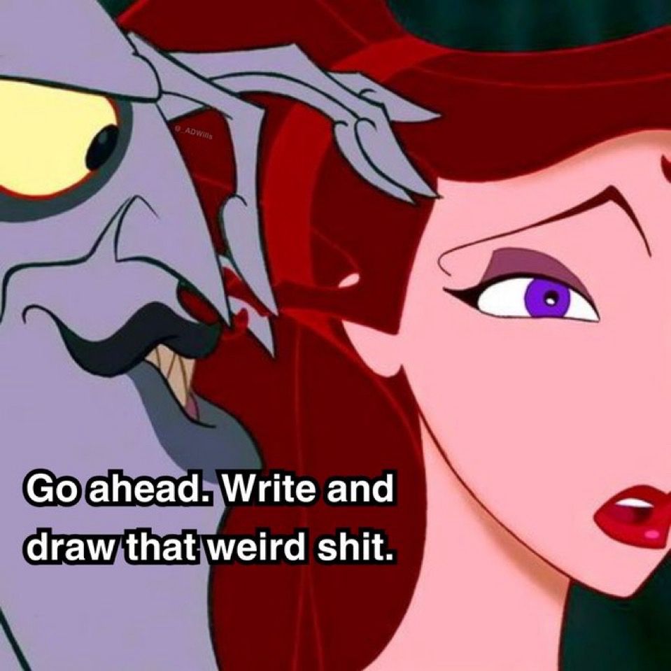 Animated Hades from Disney’s Hercules whispering into the ear of a surprised Meg. “Go ahead. Wrote and draw that weird shit.”