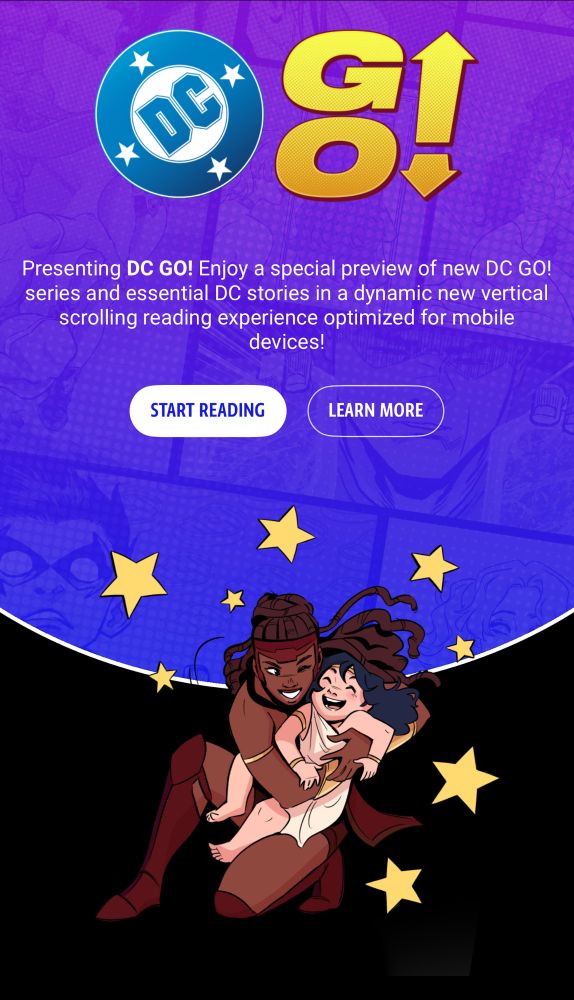 In the image is the DCGO! home page on the DC Infinite Universe app. There is an adorable image of Phillipus and toddler Diana together in a joyous embrace. 