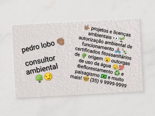 Imagem de um cartão de visita fictício, sem qualquer design, com textos inclinados em cor preta, letras minúsculas e vários emojis que dizem: "pedro lobo, consultor ambiental, projetos e licenças ambientais; autorização ambiental de funcionamento; certificados fitossanitários de origem; outorgas de uso da água; reflorestamento e paisagismo; e muito mais! (35) 9 9999-9999".